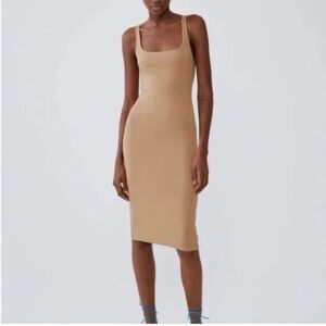Zara Tan Sleeveless Bodycon Dress back slit in Sz S
